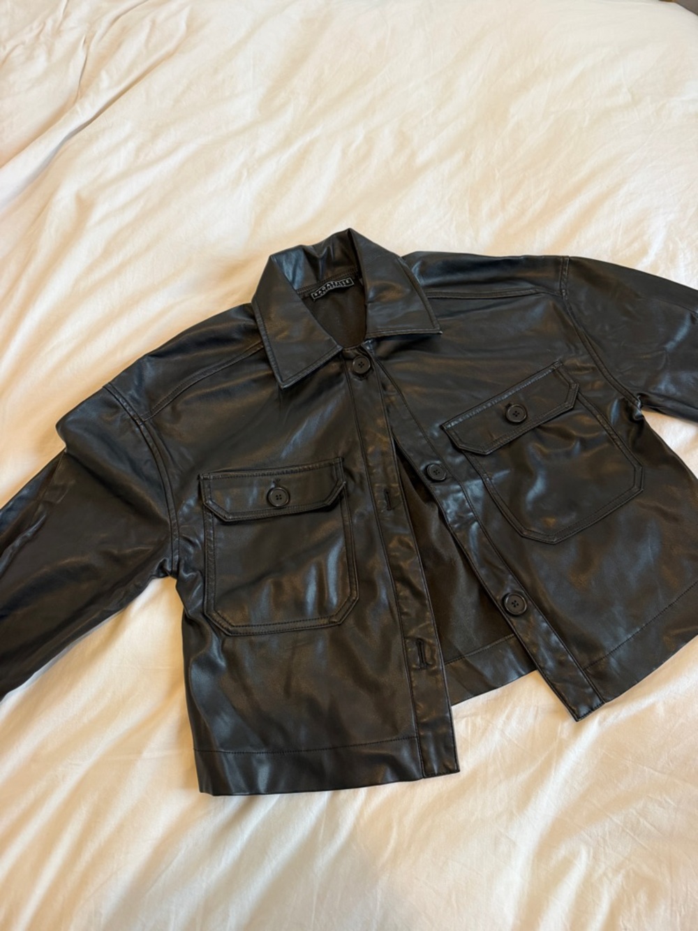 Black Faux Leather Button-Up Jacket
